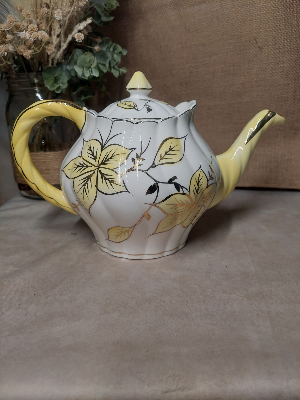 Vintage Royal Sealy Japan Yellow Leaf & Gold Trim Fluted Ceramic Teapot with Lid